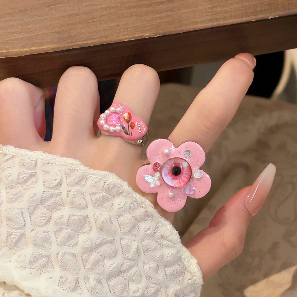 Y2K甜酷多巴胺粉色花朵戒指女