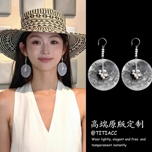 新中式 圆片贝壳天然珍珠耳环清冷感设计显气质耳钉海边度假风耳饰