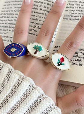 小香风彩绘棕榈树花朵眼睛开口戒指女2025秋冬新款复古高级感指环