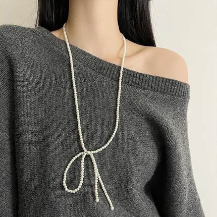 法式温柔蝴蝶结珍珠项链女款高级感轻奢小众锁骨链气质长款毛衣链
