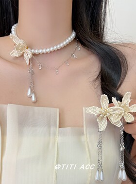 花朵珍珠串珠项链耳环女2026春款