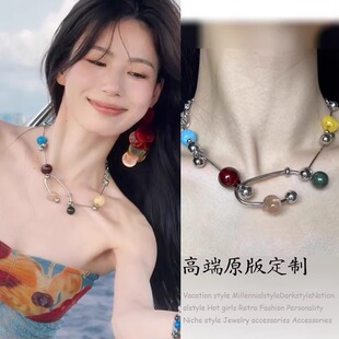 原创彩色交响乐串珠项链小众个性大圆珠锁骨链颈链夸张撞色锁骨链
