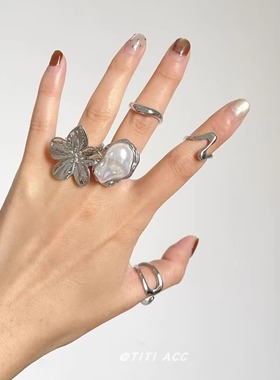 金属冷淡风ins花朵珍珠开口戒指女轻奢小众设计感指环极简手饰品