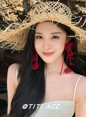 复古红色薄网纱花朵流苏耳环女高级感夸张气质耳坠海边度假风耳饰