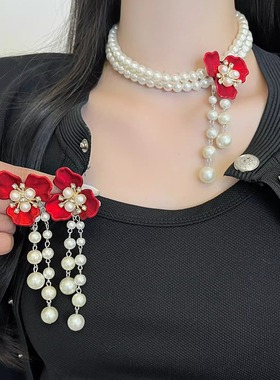 复古风红色花朵珍珠项链女款甜美长款流苏耳环轻奢小众两件套配饰