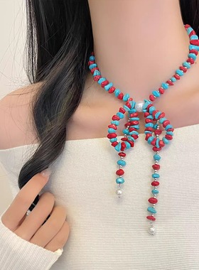 波西米亚彩色串珠蝴蝶结项链女复古文艺珍珠锁骨链时尚气质款颈饰