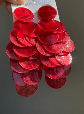 复古红色贝壳圆片流苏耳钉时尚轻奢高级感耳环女夸张独特个性耳饰