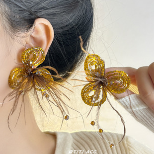 复古超仙羽毛串珠流苏耳环女小众轻奢高级感耳钉独特精致耳坠耳饰