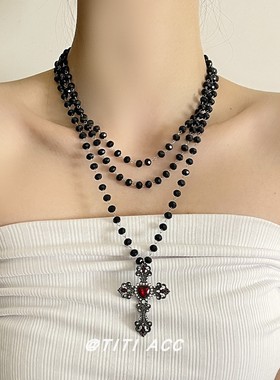 哥特亚文化红色锆石十字架多层串珠项链女小众个性暗黑y2k锁骨链
