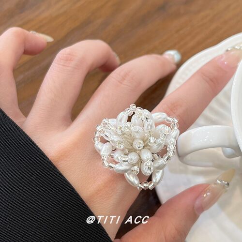 小众设计感手工编制珍珠串珠花朵戒指女高级感轻奢食指戒开口指环