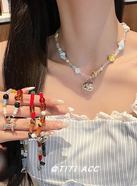 海边度假风多巴胺贝壳串珠锁骨链女氛围感小众牛奶罐花瓶吊坠项链