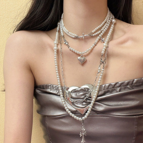 暗黑风多层叠戴珍珠项链毛衣链女