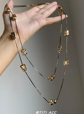 中古Vintage不规则金色碎石项链女老钱风轻奢双层叠戴黑绳毛衣链