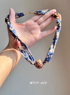 复古碎花雪纺丝巾豹纹吊坠项链女配饰轻奢小众高级感锁骨链卫衣链