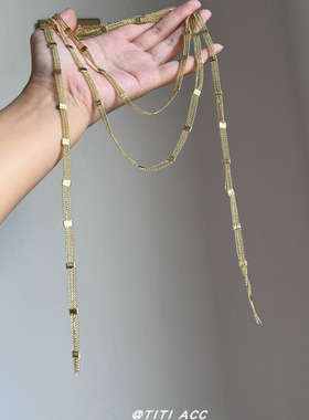 美拉德金色方块流苏长项链欧美轻奢小众多层叠戴百搭毛衣链颈链女