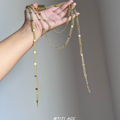 美拉德金色方块流苏长项链欧美轻奢小众多层叠戴百搭毛衣链颈链女
