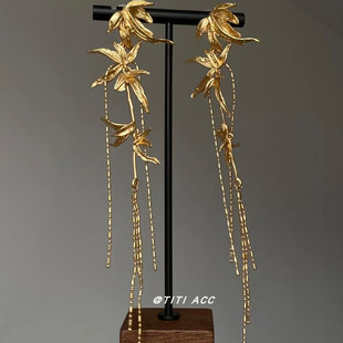 文艺气质高级感耳坠耳饰 金色竹叶流苏耳环女长款 轻奢高雅 新中式