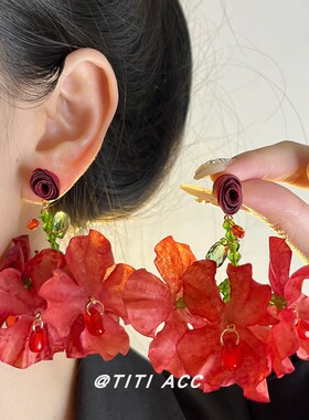 旷野玫瑰~浪漫法式玫瑰花出游拍照耳环高级感显脸小时髦耳饰女