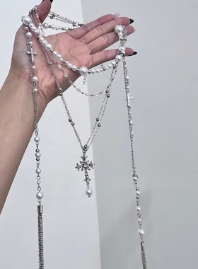 精致重工！多层叠戴十字架珍珠项链女复古辣妹设计长款流苏毛衣链