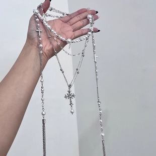 精致重工!多层叠戴十字架珍珠项链女复古辣妹设计长款流苏毛衣链