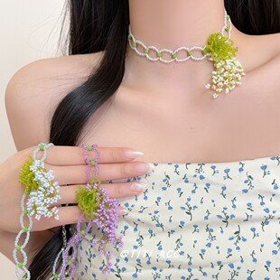 小众春日串珠花朵流苏项链女度假风气质颈链手工编织锁骨链配饰潮