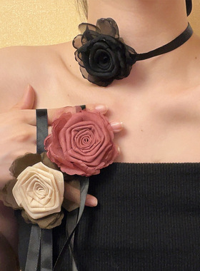 复古黑色蕾丝山茶花绑带choker女