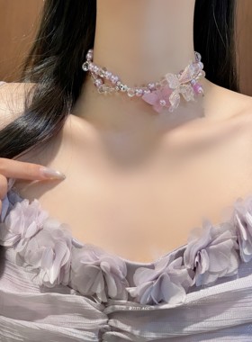 紫色花簇水晶蝴蝶双层choker项链