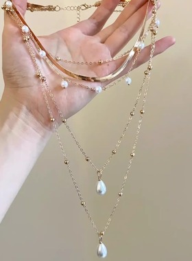中古Vintage多层流苏珍珠项链女法式复古精致水滴锁骨链叠戴颈饰