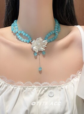 夏日清冷感湖蓝色串珠花朵项链女度假风流苏锁骨链小众设计感颈链