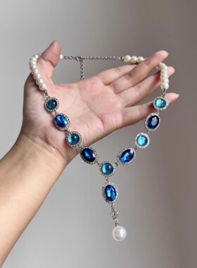 法式轻奢蓝色水钻项链宫廷风