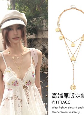 复古vintage圆牌流苏长款叠戴项链女中古款百搭个性高级感毛衣链