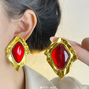 法式 夸张耳饰 复古金属菱形褶皱耳环女小众设计轻奢高级感耳钉新款