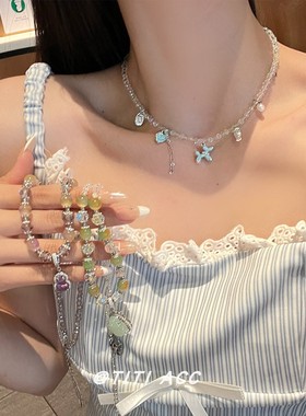 蓝色滴釉气球小狗吊坠水晶串珠项链女小众清新甜美可爱百搭锁骨链
