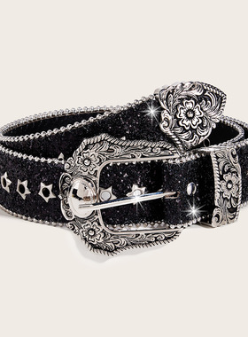 美式复古镂空星星花纹腰带女ins风个性亚文化黑色皮带设计感裤带
