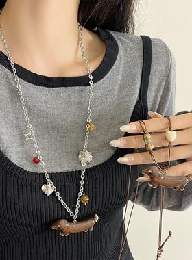 卡通小狗编织绳项链女款小众可爱独特腊肠狗秋冬长款毛衣链配饰潮