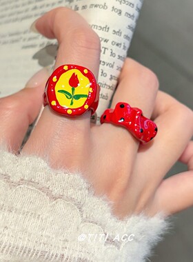 开运红色发财戒指女个性滴油简约指环高级感小众设计食指戒配饰潮