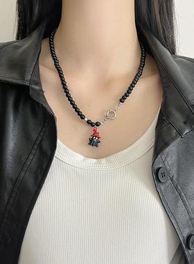 日韩系黑串珠蘑菇吊坠项链