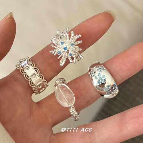 韩系银色蕾丝镶钻戒指女轻奢小众高级感百搭叠戴可调节食指戒配饰