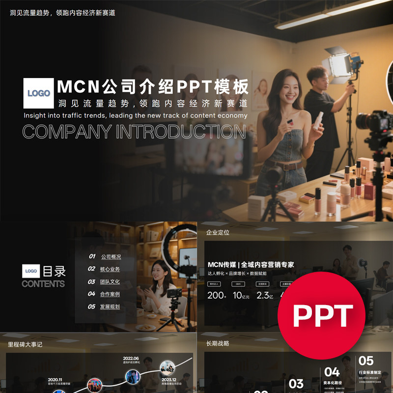 一份22页MCN机构传媒公司企业介绍PPT模板酷黑课件ppt禹创素材