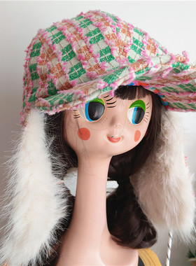 原创 秋冬vintage复古保暖小香风毛绒大头围雷锋护耳飞行帽防风帽
