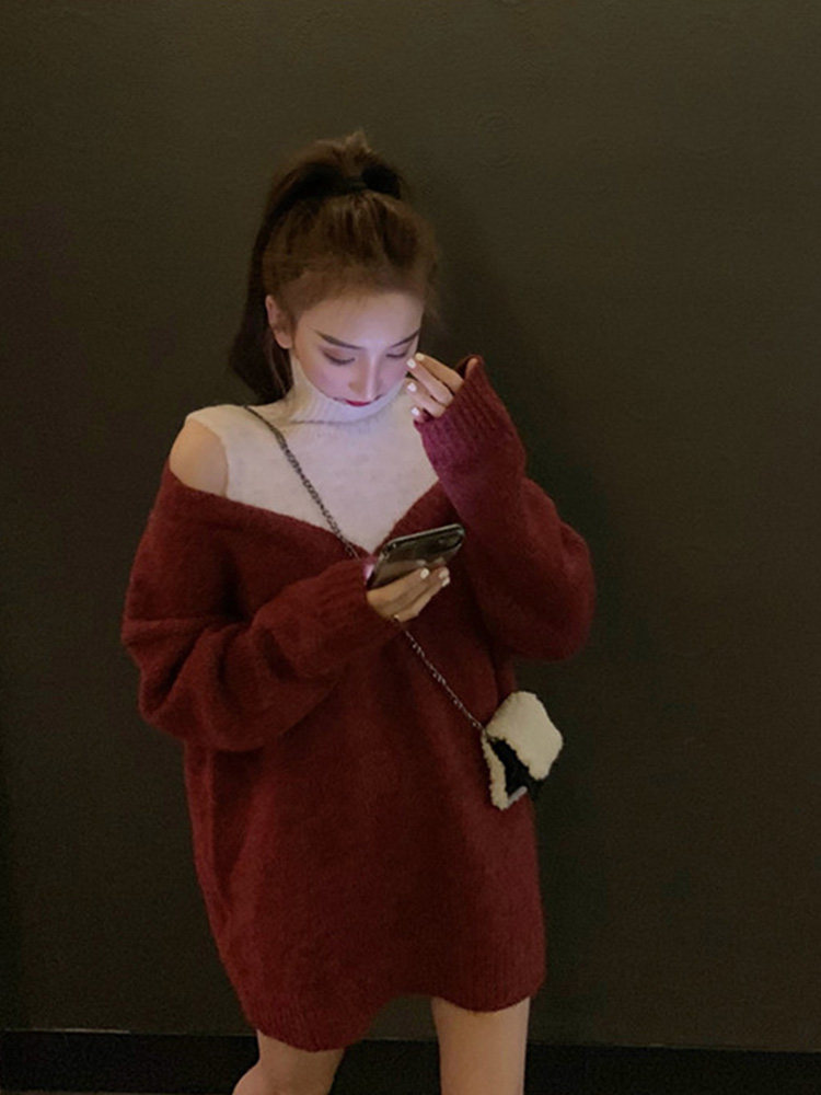 EXPLOSIVE FASHION TREND OFF-THE-SHOULDER FAKE TWO HIGH-NECKED NICHE DESIGN SENSE OF MID-LENGTH VERY FAIRY TOPS