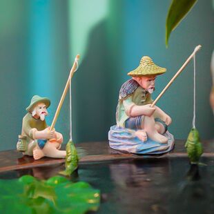 精致钓鱼小摆件姜子牙钓鱼摆件钓鱼翁垂钓鱼缸内饰造景装 饰小摆件
