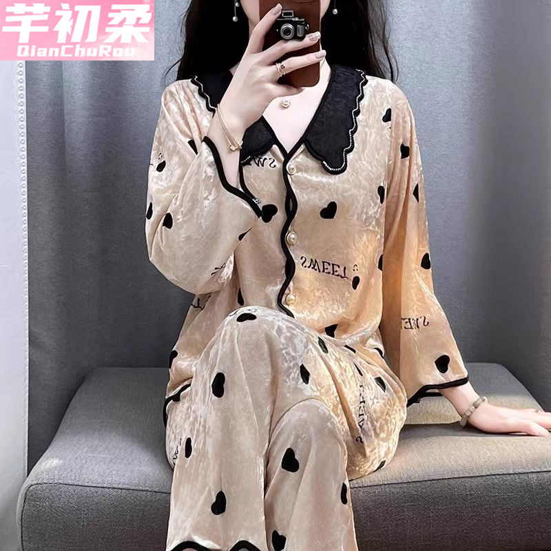 高档钻石丝绒睡衣女秋冬季长袖家居服套装甜美法式2025新款娃娃领