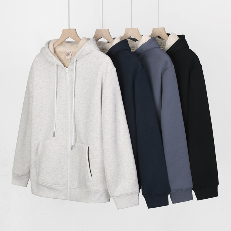 520G重磅加绒加厚羊羔绒拉链开衫男连帽卫衣纯色宽松大码保暖外套