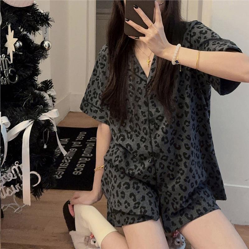2025年新款睡衣女夏季纯棉短袖短裤灰色豹纹高级感夏天家居服套装