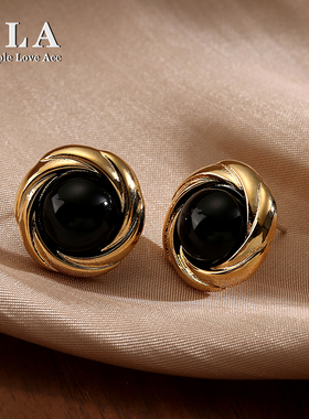 Simple Love Acc私家  2025年新款中国风螺旋黑色宝石银针耳环女