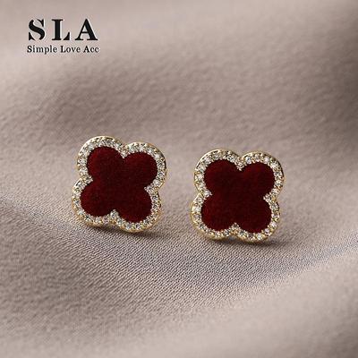 Simple Love Acc私家 高级中国红色香风百搭植绒锆石银针耳环女潮