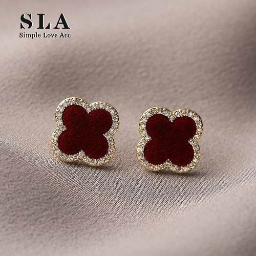 Simple Love Acc私家 高级中国红色香风百搭植绒锆石银针耳环女潮