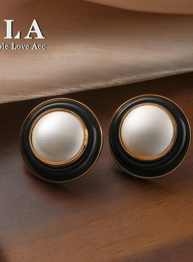 Simple Love Acc私家 黑色古巴领金色高级感耳环女潮圆形珍珠耳饰