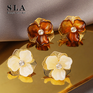 法式 八折 高级感双层花朵锆石小众设计银针耳环女 新品